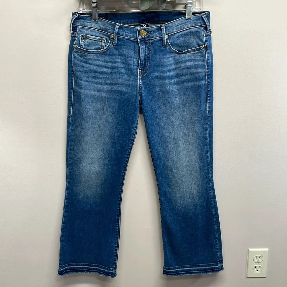 True Religion Becca Mid Rise Bootcut Crop Denim Jeans Raw Hem 29